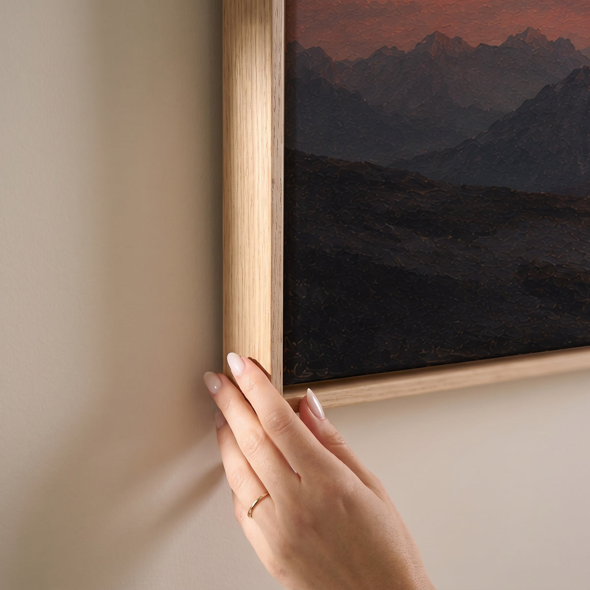 Three limestone towers of Tre Cime di Lavaredo lit pink at sunset above blue scree slopes, horizontal canvas print
