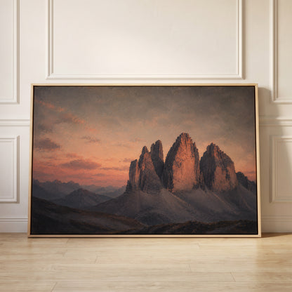 Three limestone towers of Tre Cime di Lavaredo lit pink at sunset above blue scree slopes, canvas wall art