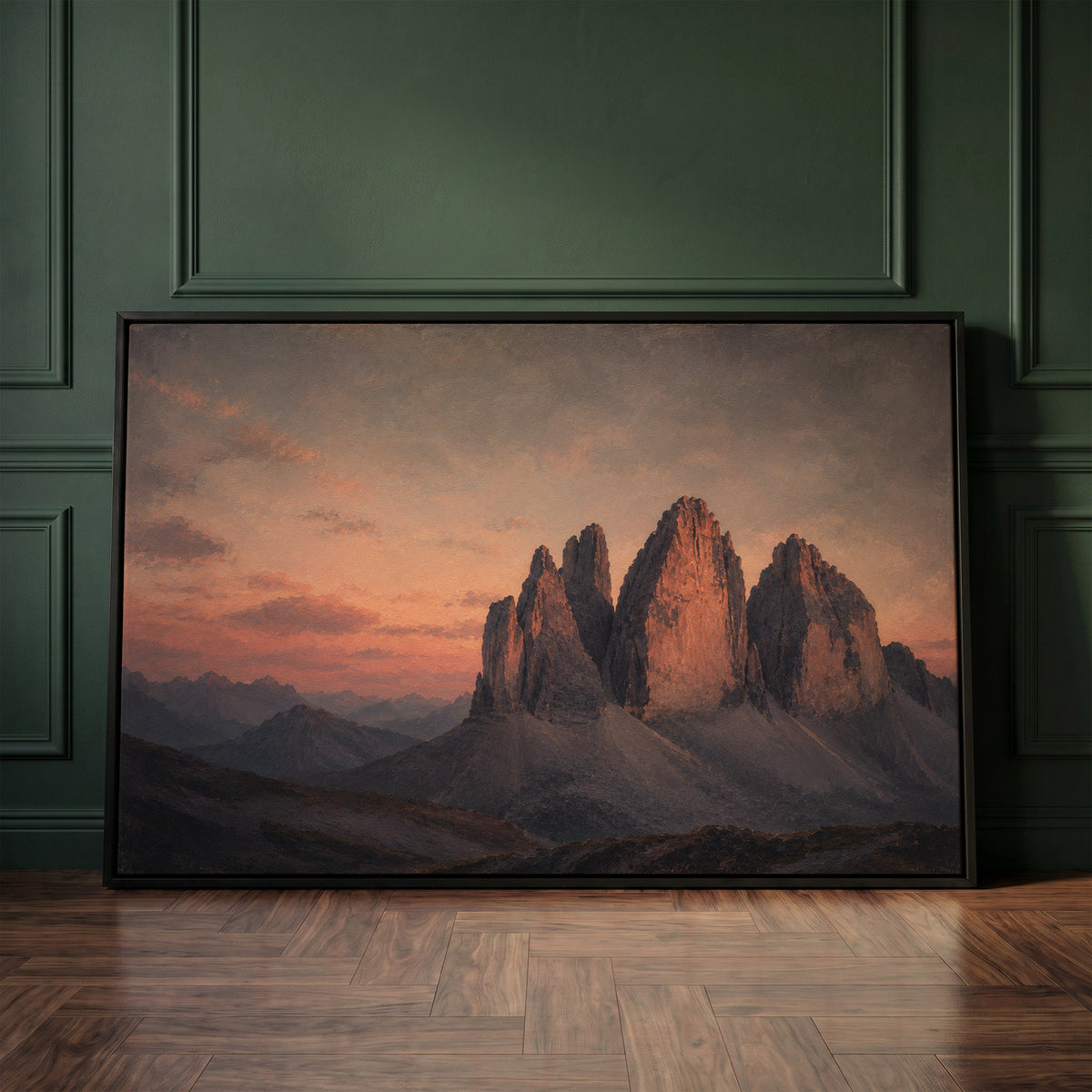 Italy canvas wall art showing three limestone towers of Tre Cime di Lavaredo lit pink at sunset above blue scree slopes