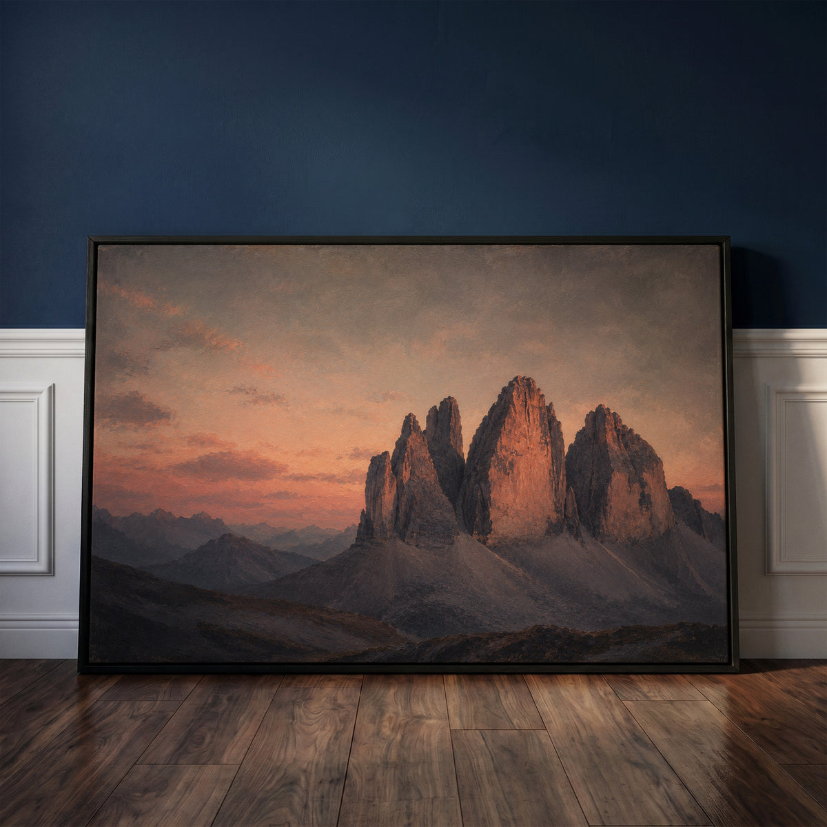Three limestone towers of Tre Cime di Lavaredo lit pink at sunset above blue scree slopes, canvas art print