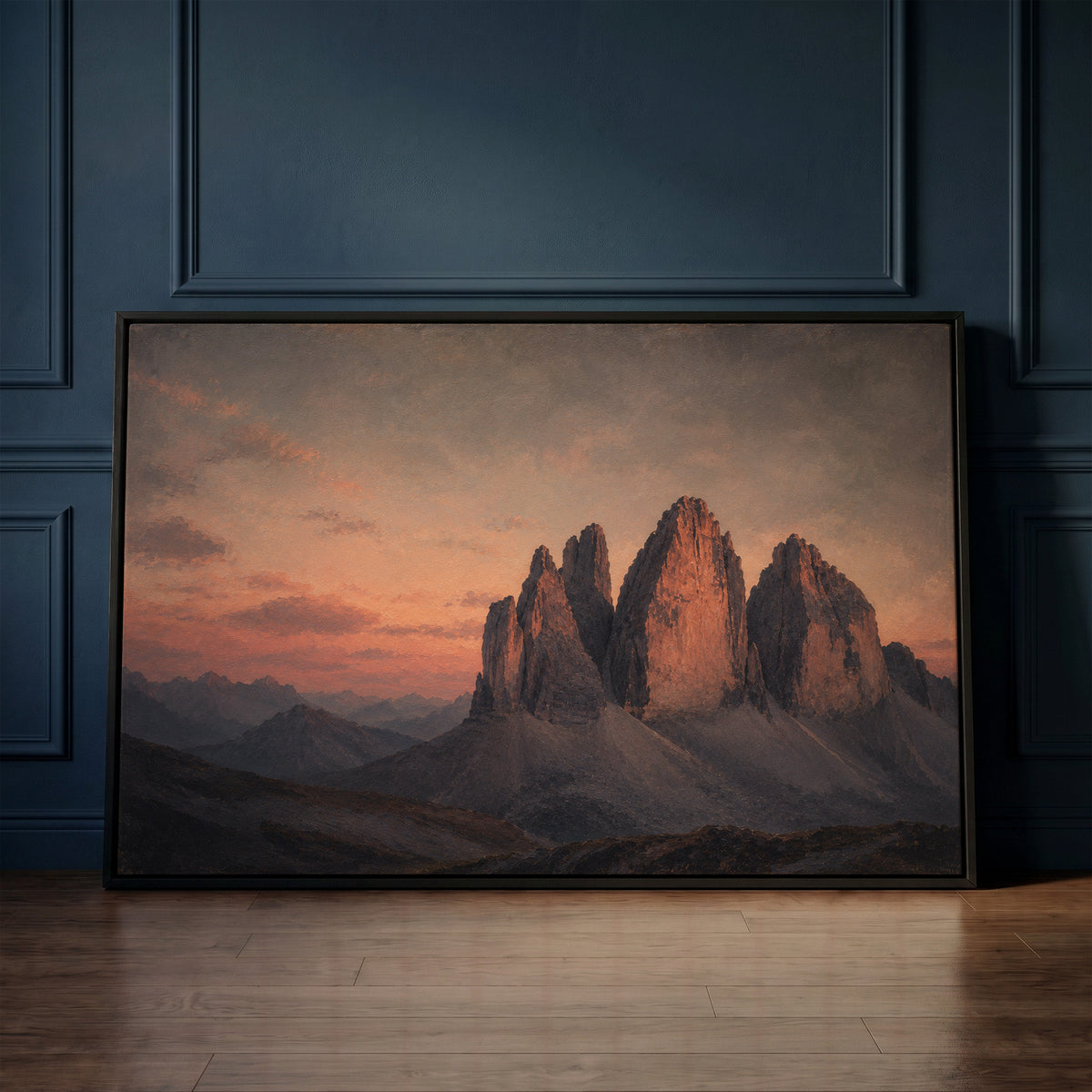 Sunset mountain canvas wall art showing three limestone towers of Tre Cime di Lavaredo lit pink at sunset above blue scree slopes