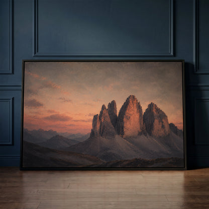 Sunset mountain canvas wall art showing three limestone towers of Tre Cime di Lavaredo lit pink at sunset above blue scree slopes