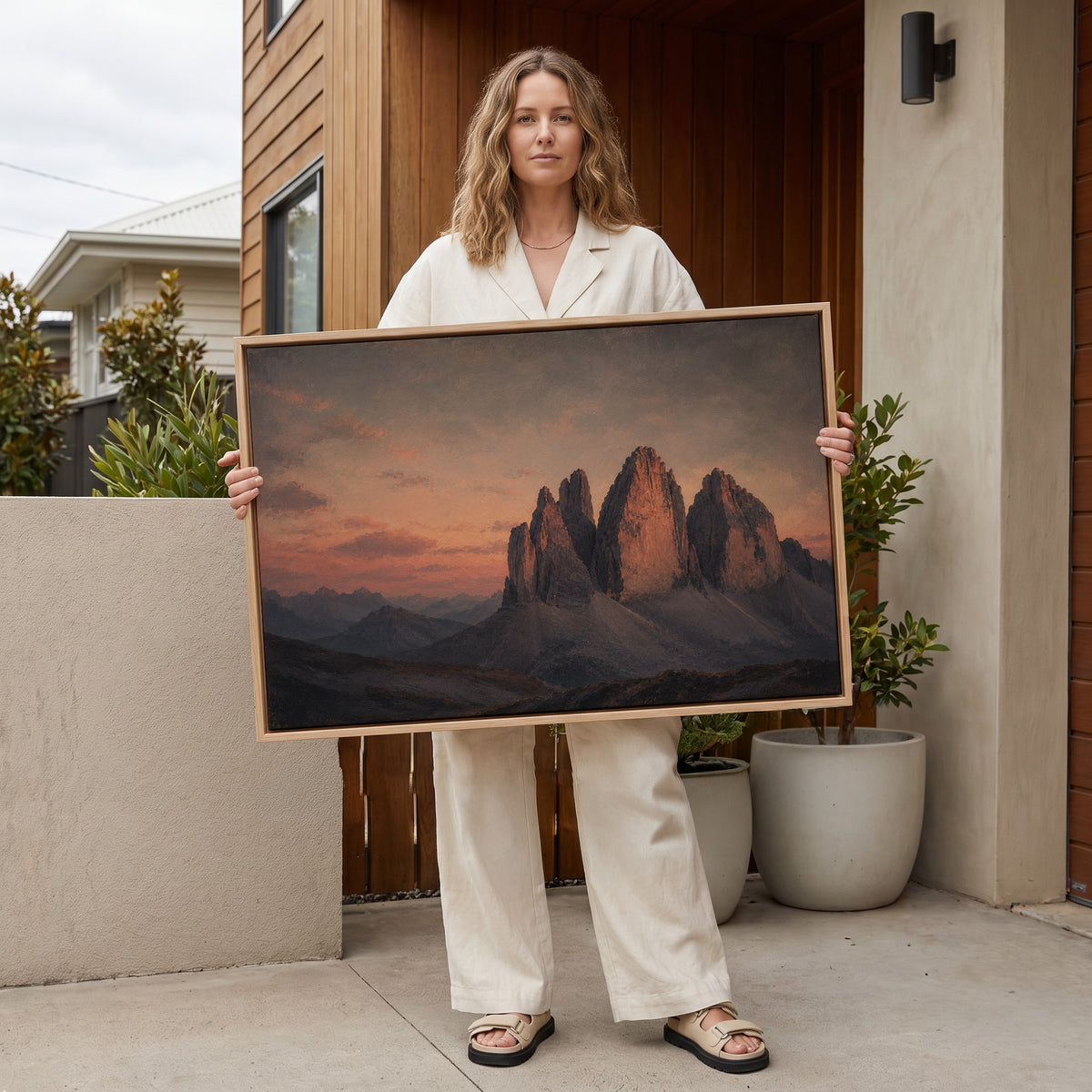 Moody landscape canvas wall art showing three limestone towers of Tre Cime di Lavaredo lit pink at sunset above blue scree slopes