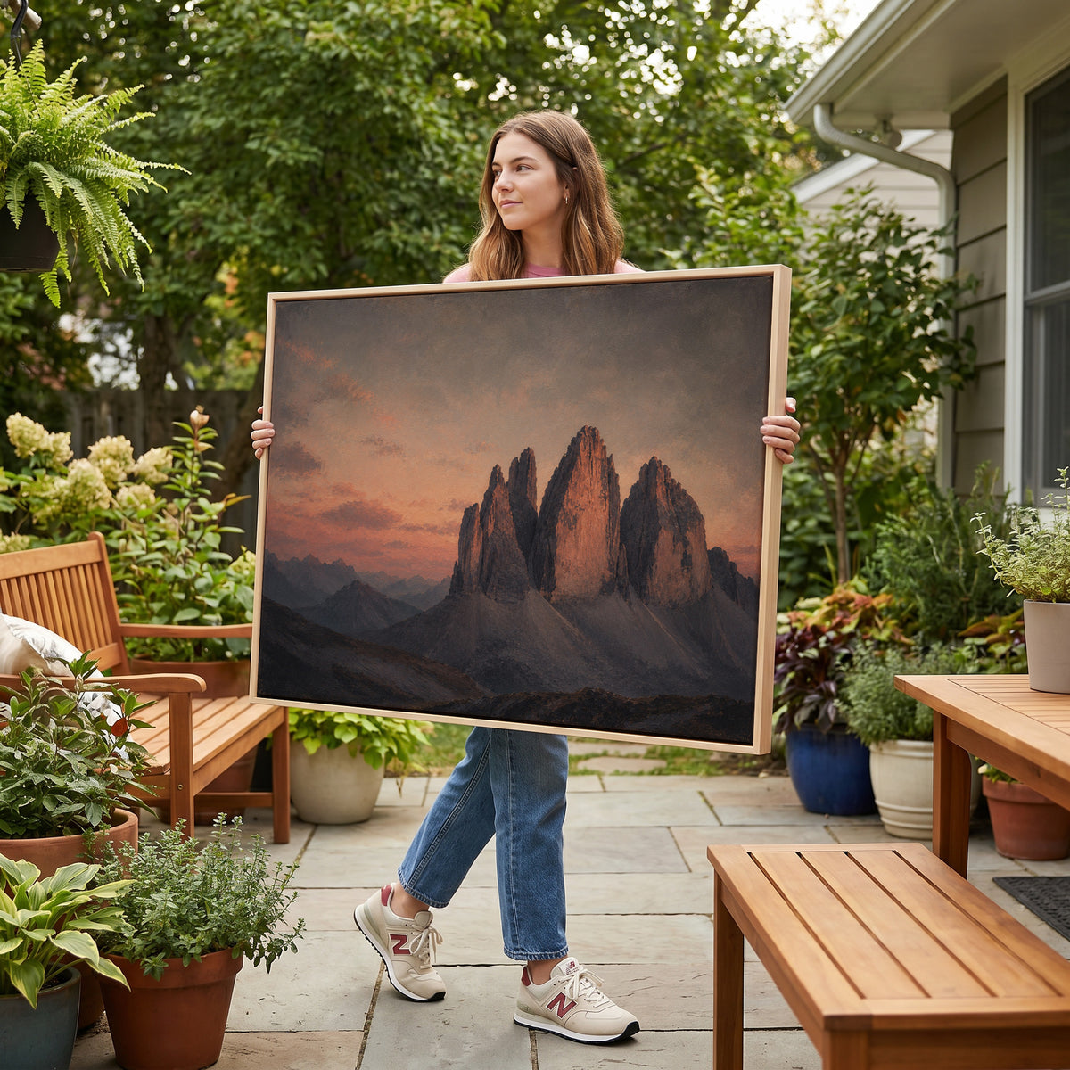 Travel canvas wall art showing three limestone towers of Tre Cime di Lavaredo lit pink at sunset above blue scree slopes