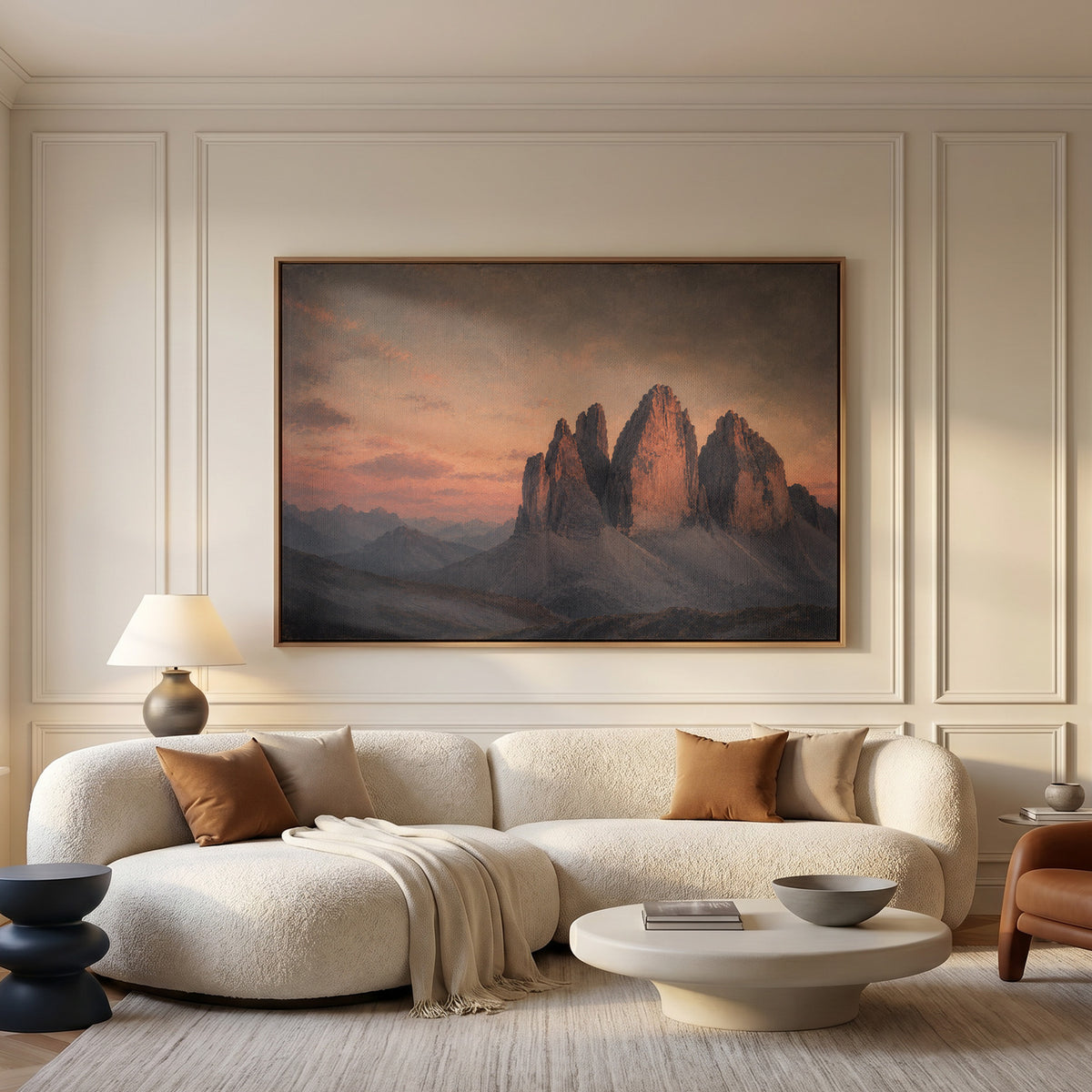 Alpenglow canvas wall art showing three limestone towers of Tre Cime di Lavaredo lit pink at sunset above blue scree slopes