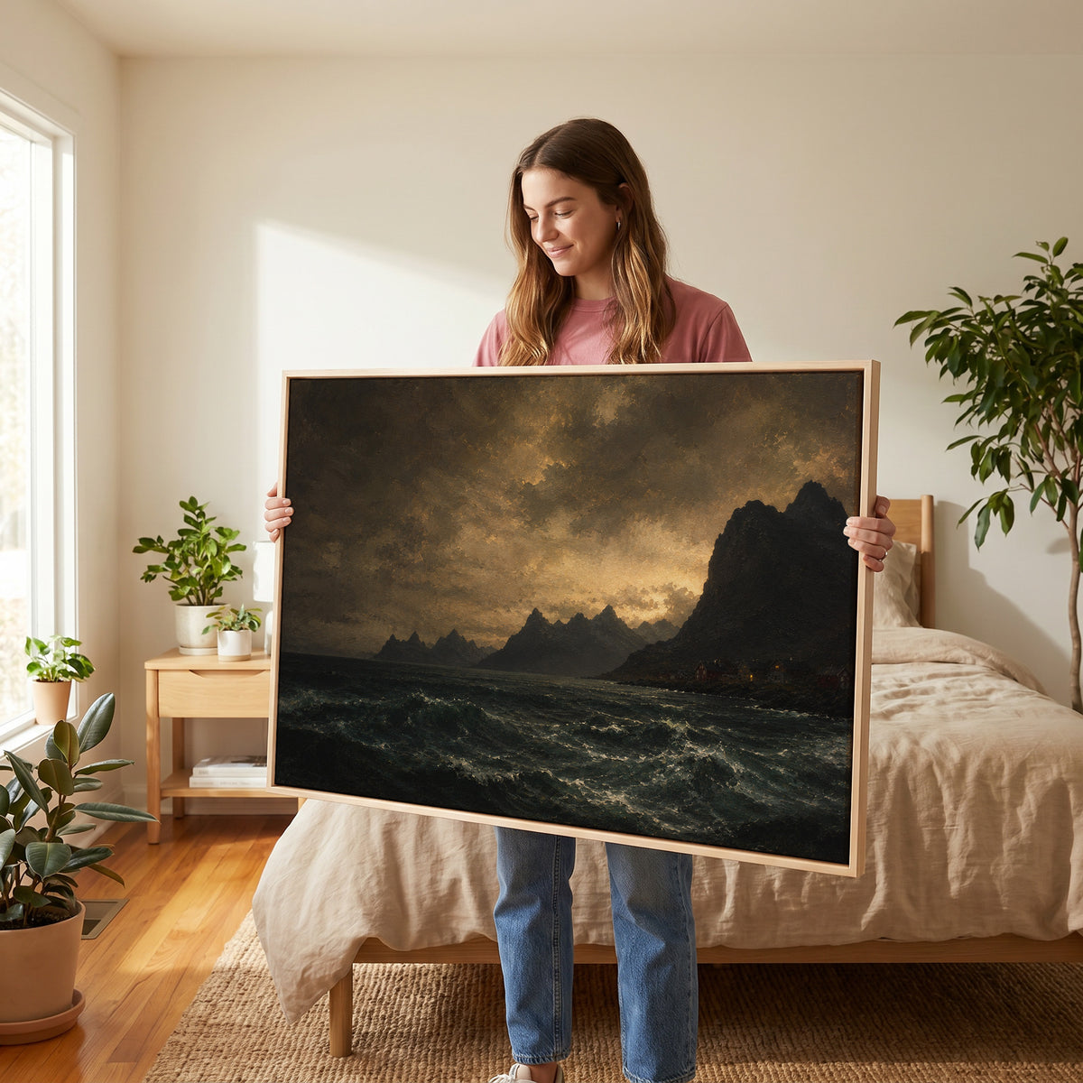 Lit red houses on a rocky Norwegian shore below jagged peaks with a dark sea in the foreground, wall art print