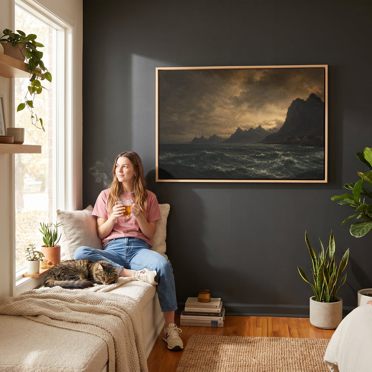 Lit red houses on a rocky Norwegian shore below jagged peaks with a dark sea in the foreground, canvas art print