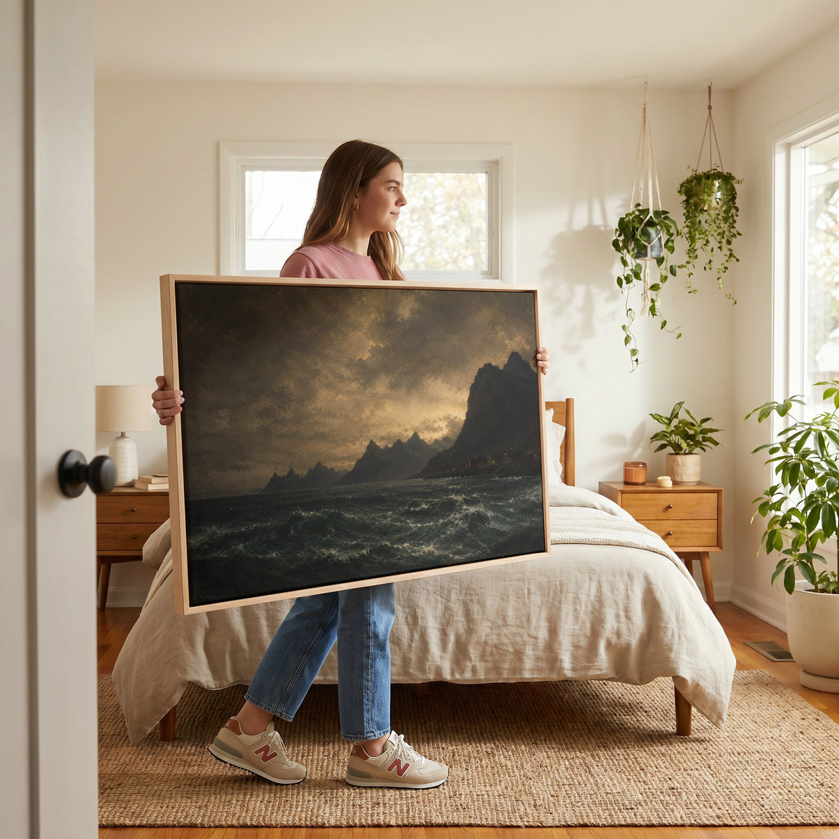 Travel canvas wall art showing lit red houses on a rocky Norwegian shore below jagged peaks with a dark sea in the foreground