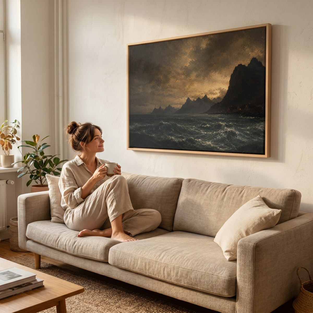 Fishing village canvas wall art showing lit red houses on a rocky Norwegian shore below jagged peaks with a dark sea in the foreground