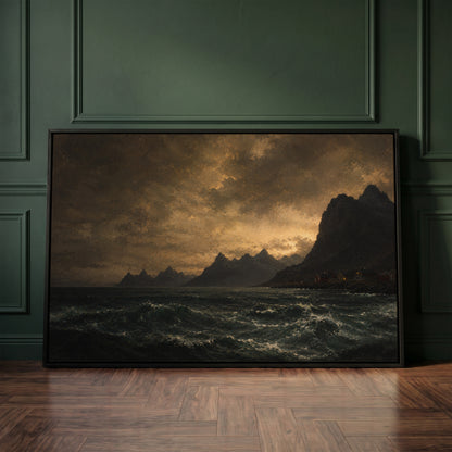 Coastal canvas wall art showing lit red houses on a rocky Norwegian shore below jagged peaks with a dark sea in the foreground