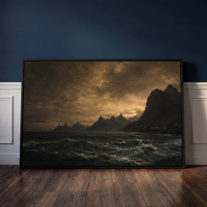 Lofoten canvas wall art showing lit red houses on a rocky Norwegian shore below jagged peaks with a dark sea in the foreground