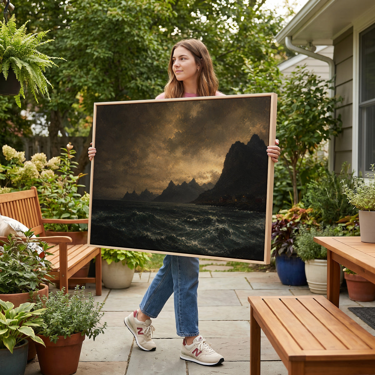 Scandinavian canvas wall art showing lit red houses on a rocky Norwegian shore below jagged peaks with a dark sea in the foreground