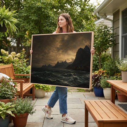 Scandinavian canvas wall art showing lit red houses on a rocky Norwegian shore below jagged peaks with a dark sea in the foreground