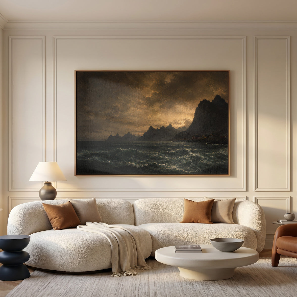 Nordic canvas wall art showing lit red houses on a rocky Norwegian shore below jagged peaks with a dark sea in the foreground