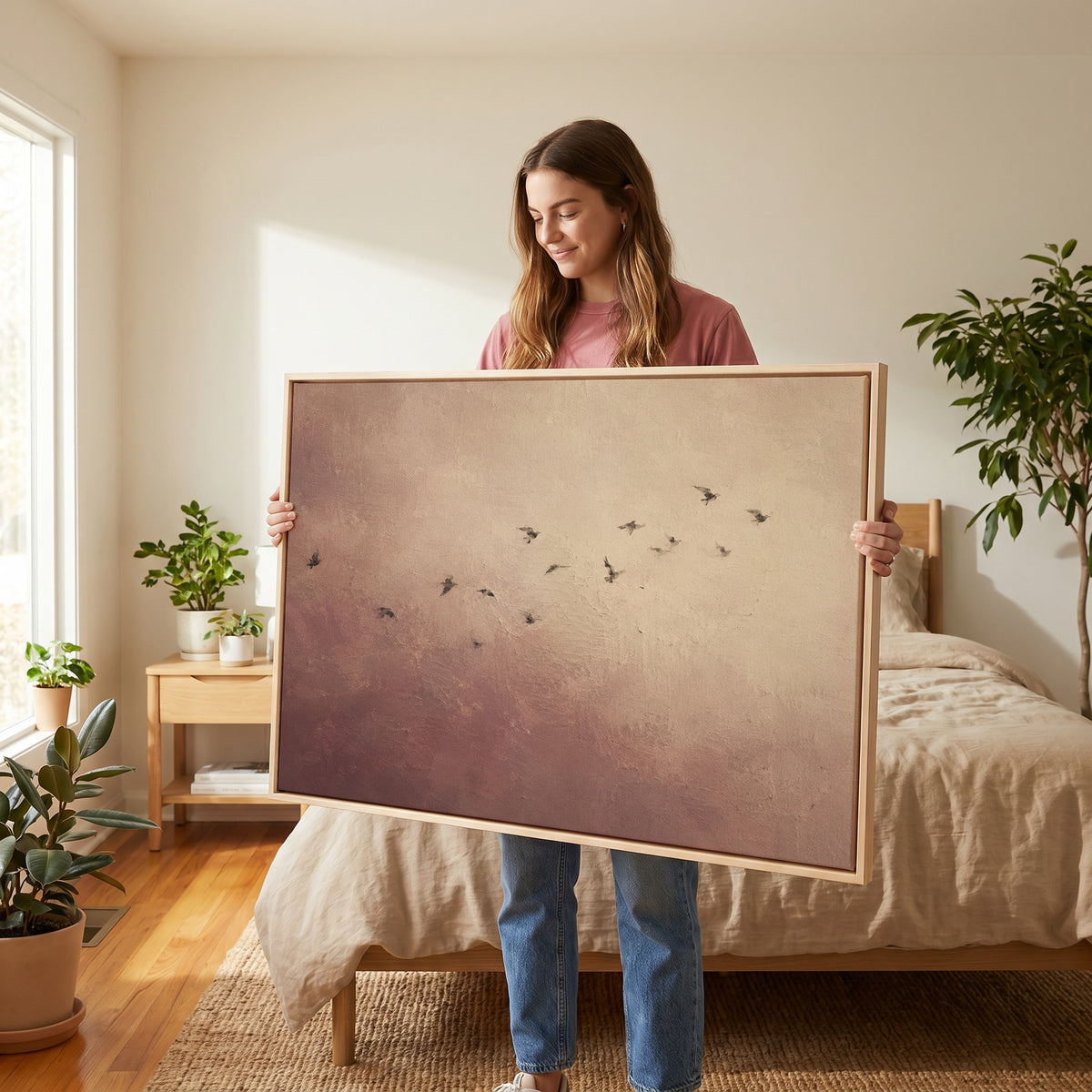Minimalist canvas wall art showing a scattered flock of small dark birds flying across a dusty rose and cream ground