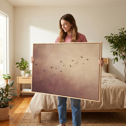 Minimalist canvas wall art showing a scattered flock of small dark birds flying across a dusty rose and cream ground