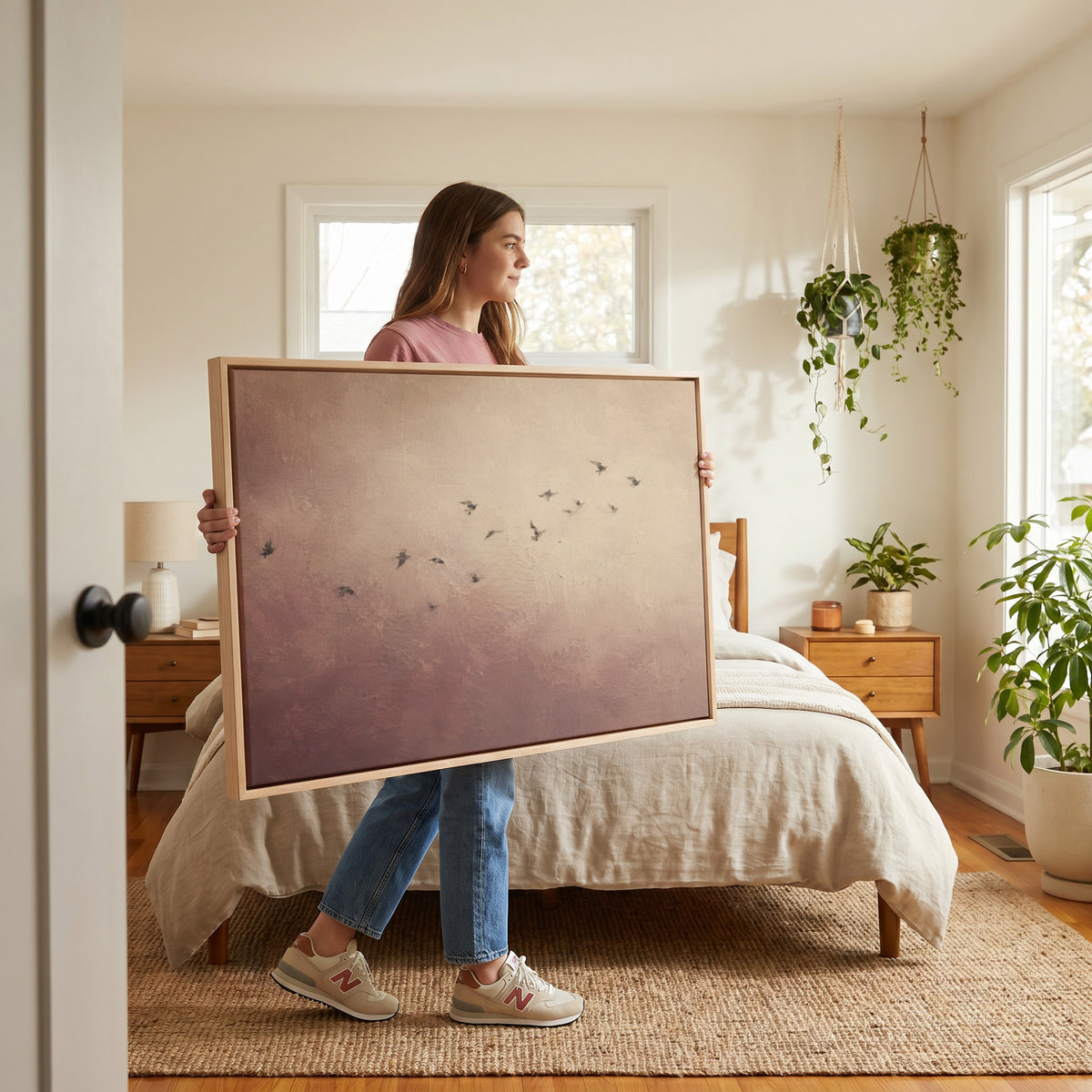 Flying birds canvas wall art showing a scattered flock of small dark birds flying across a dusty rose and cream ground