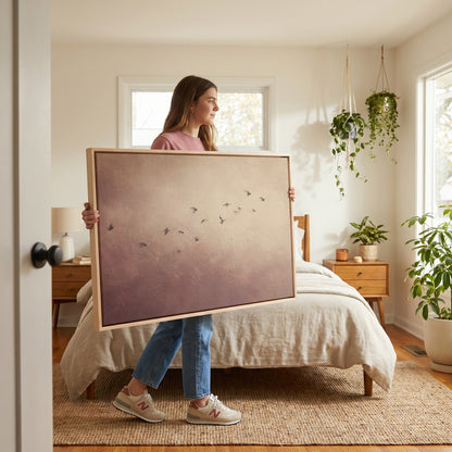 Flying birds canvas wall art showing a scattered flock of small dark birds flying across a dusty rose and cream ground