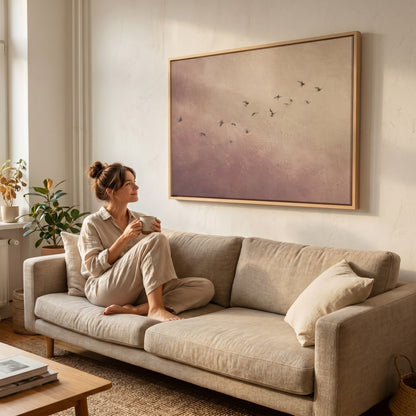 Simple canvas wall art showing a scattered flock of small dark birds flying across a dusty rose and cream ground