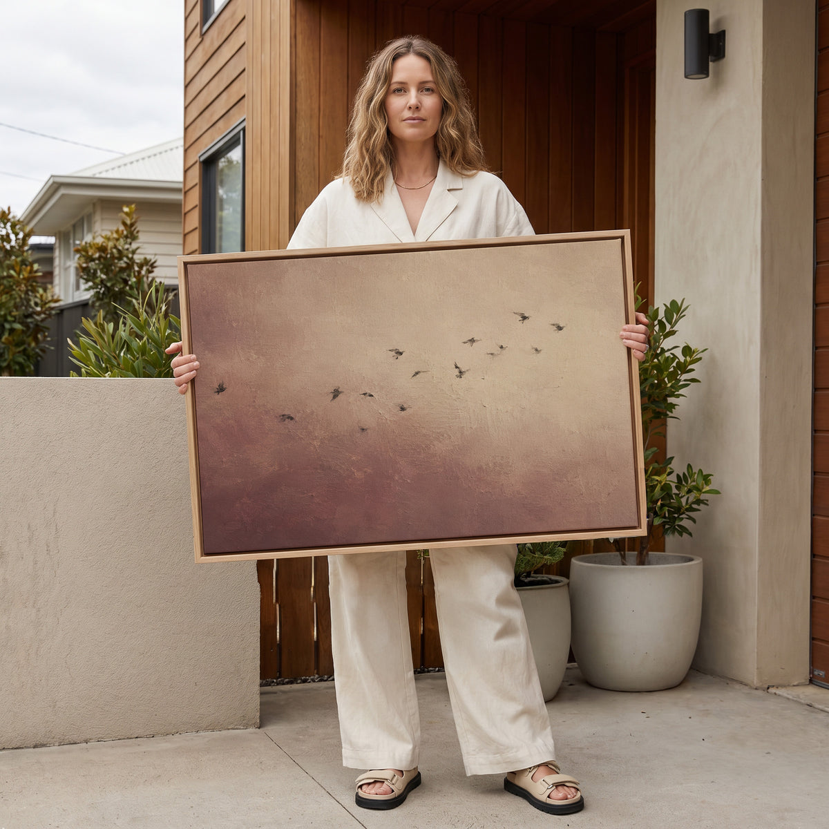 A scattered flock of small dark birds flying across a dusty rose and cream ground, canvas print
