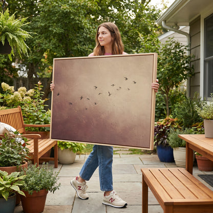 A scattered flock of small dark birds flying across a dusty rose and cream ground, canvas art print