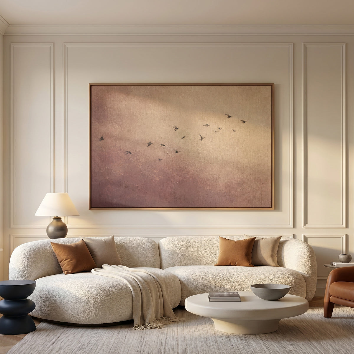A scattered flock of small dark birds flying across a dusty rose and cream ground, flying birds horizontal canvas print