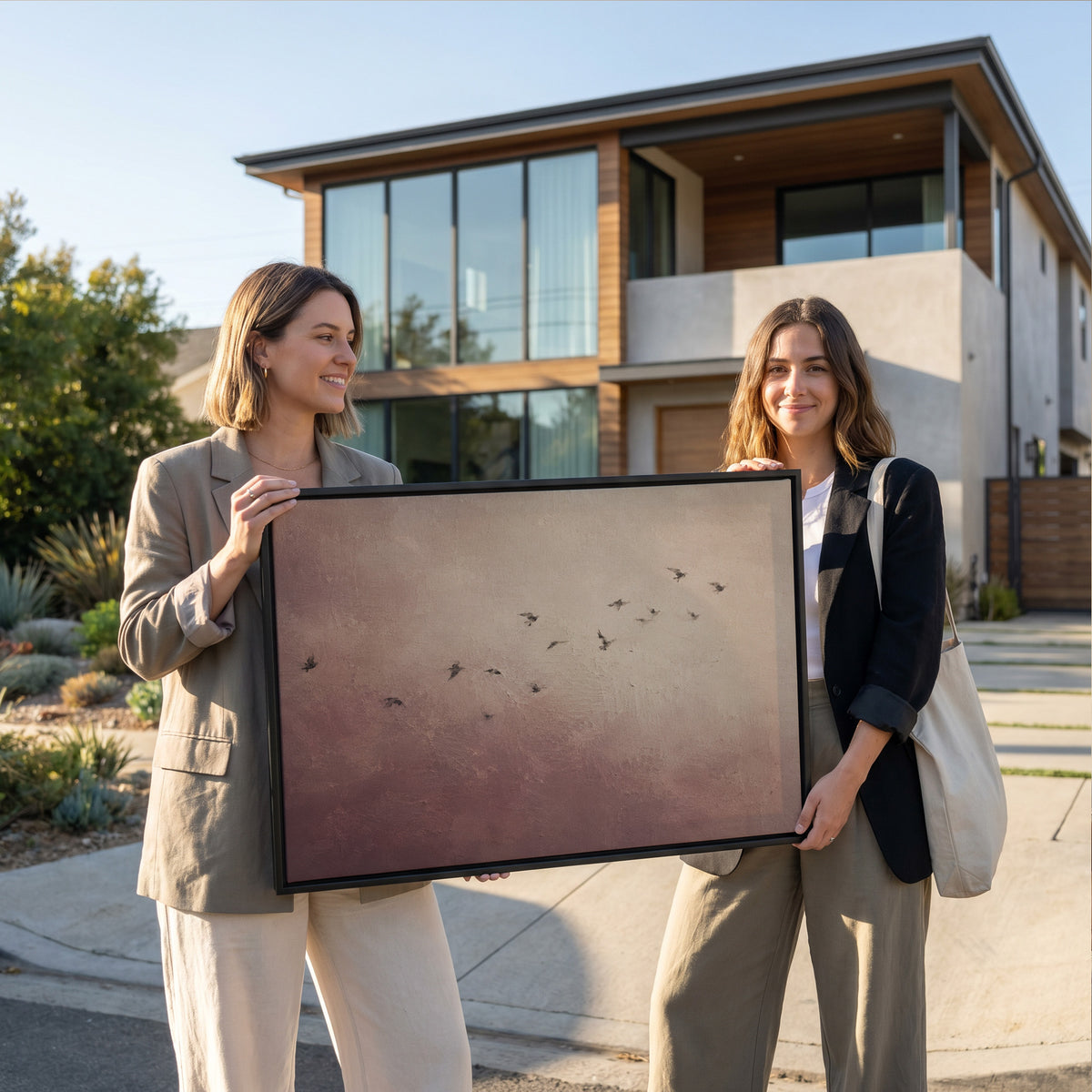 Bird canvas wall art showing a scattered flock of small dark birds flying across a dusty rose and cream ground