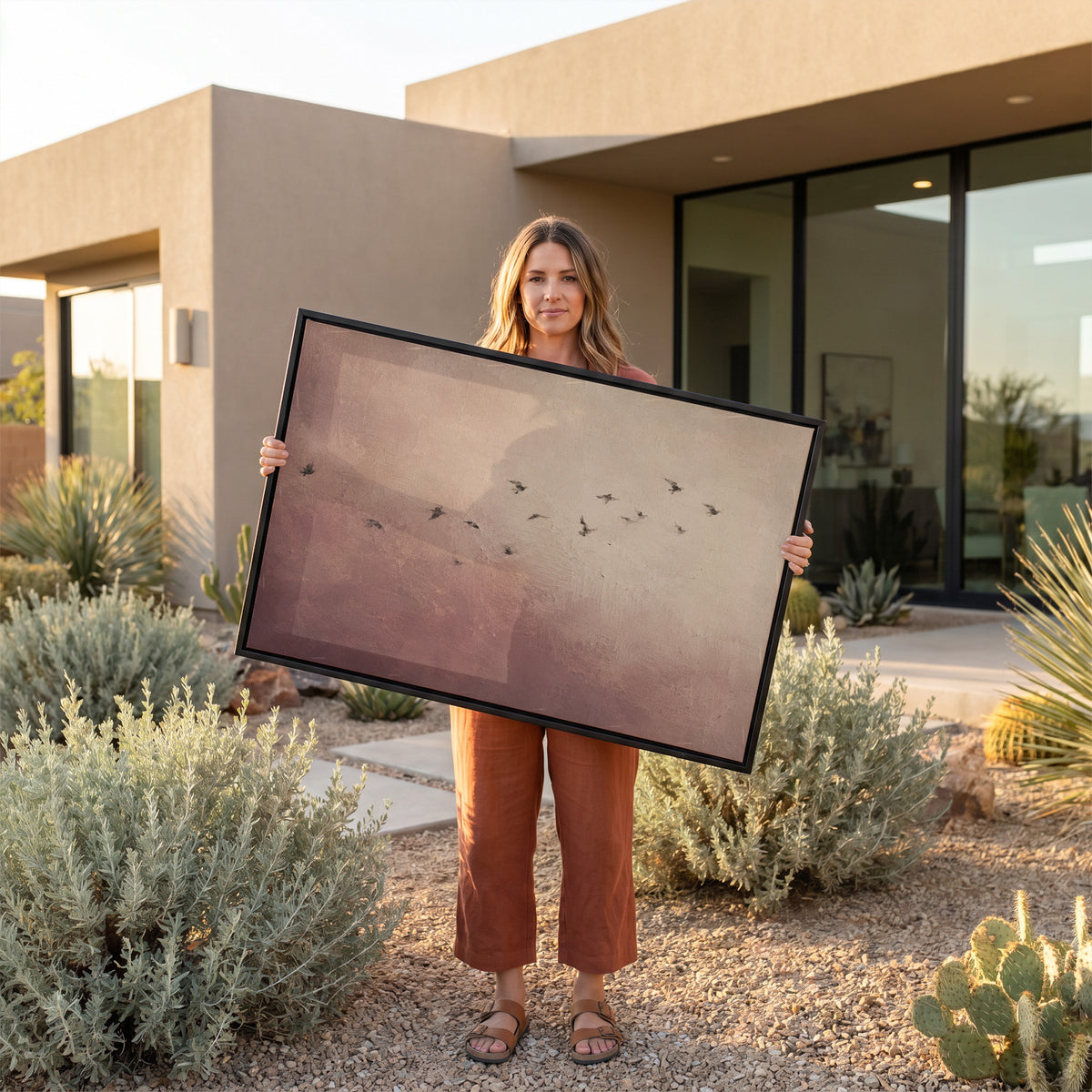Dusty rose canvas wall art showing a scattered flock of small dark birds flying across a dusty rose and cream ground