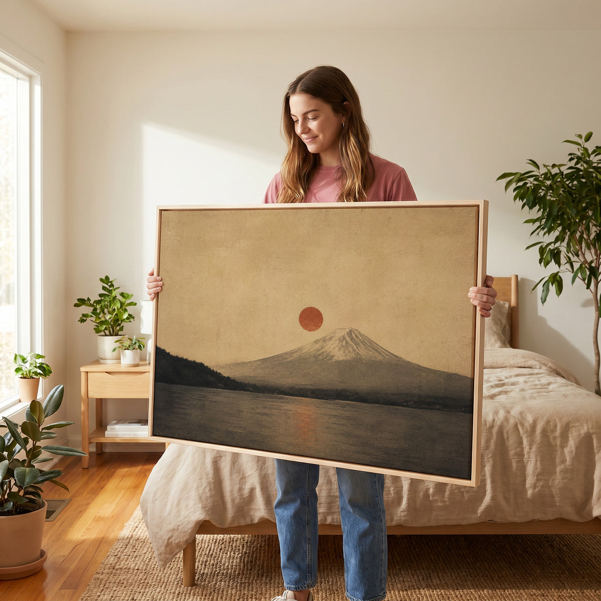 Mount Fuji above a still lake with a red sun disc beside the summit and its reflection below, wall art print