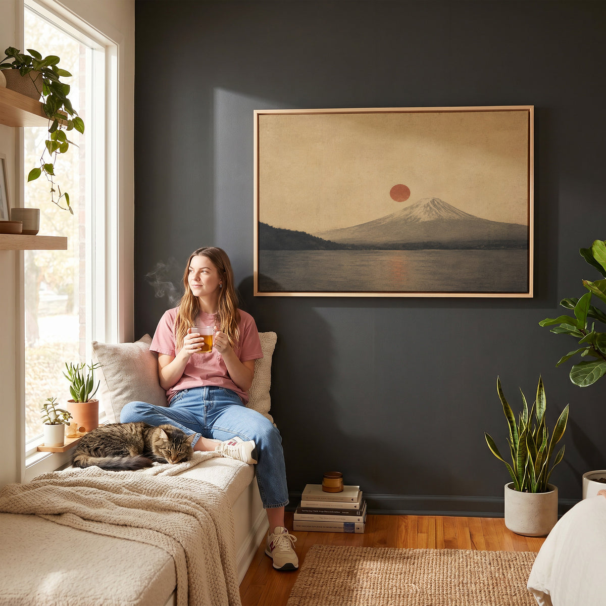 Japanese canvas wall art showing mount Fuji above a still lake with a red sun disc beside the summit and its reflection below