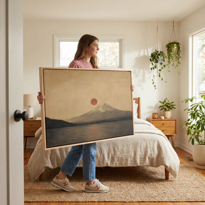 Japandi canvas wall art showing mount Fuji above a still lake with a red sun disc beside the summit and its reflection below
