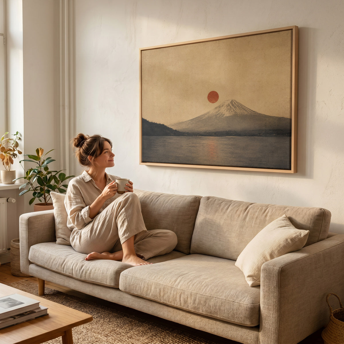 Red sun canvas wall art showing mount Fuji above a still lake with a red sun disc beside the summit and its reflection below