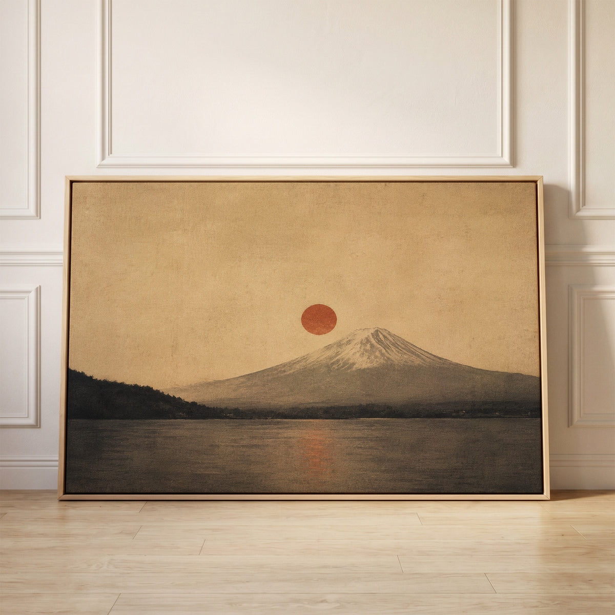 Mount Fuji above a still lake with a red sun disc beside the summit and its reflection below, canvas wall art