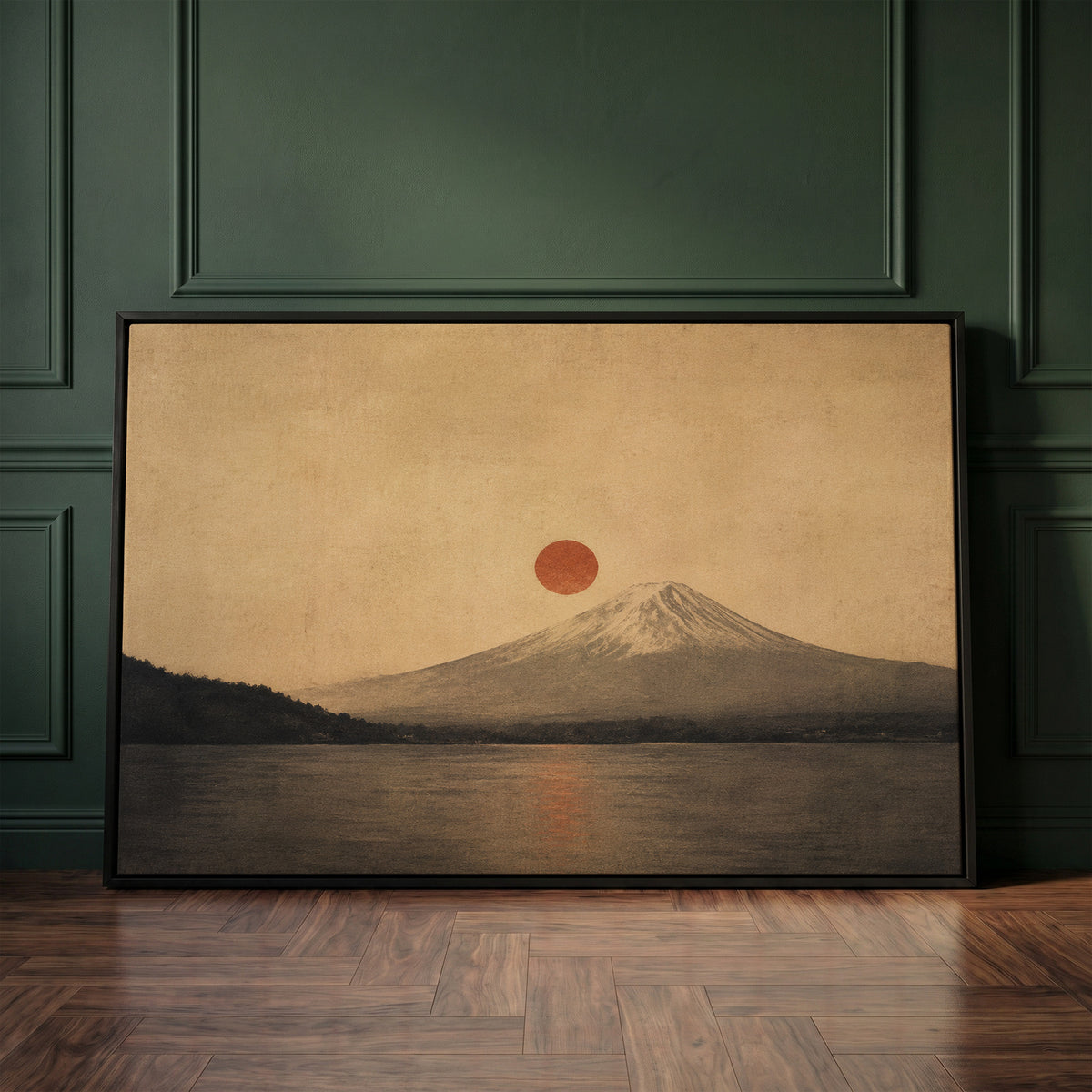 Neutral canvas wall art showing mount Fuji above a still lake with a red sun disc beside the summit and its reflection below