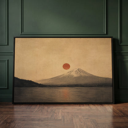 Neutral canvas wall art showing mount Fuji above a still lake with a red sun disc beside the summit and its reflection below