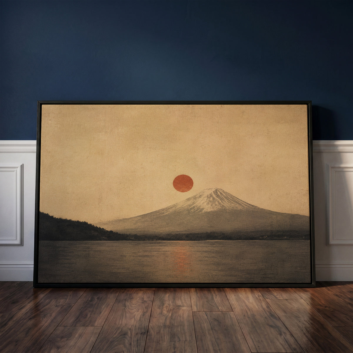 Zen canvas wall art showing mount Fuji above a still lake with a red sun disc beside the summit and its reflection below
