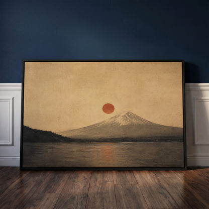 Zen canvas wall art showing mount Fuji above a still lake with a red sun disc beside the summit and its reflection below