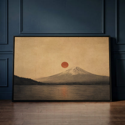 Wabi sabi canvas wall art showing mount Fuji above a still lake with a red sun disc beside the summit and its reflection below