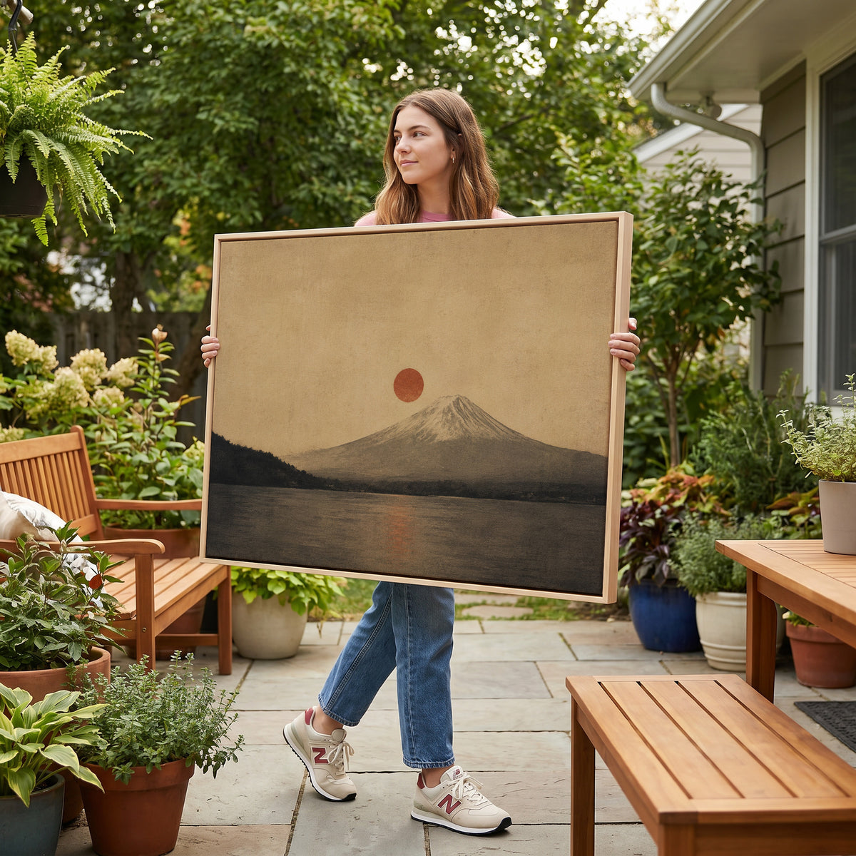 Mount Fuji above a still lake with a red sun disc beside the summit and its reflection below, canvas print