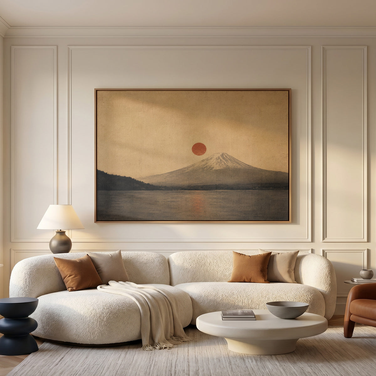 Minimalist canvas wall art showing mount Fuji above a still lake with a red sun disc beside the summit and its reflection below