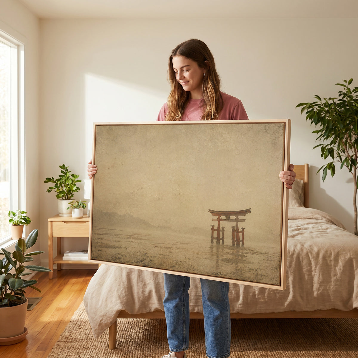 Travel canvas wall art showing a vermilion torii gate standing in shallow tidal water with misty hills far behind