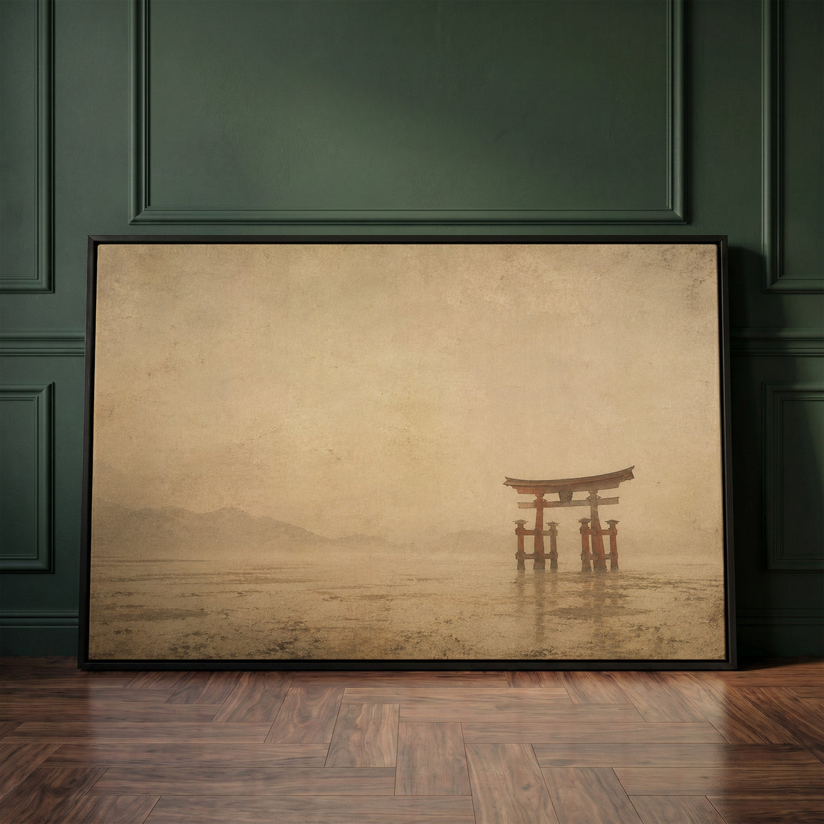 Neutral canvas wall art showing a vermilion torii gate standing in shallow tidal water with misty hills far behind