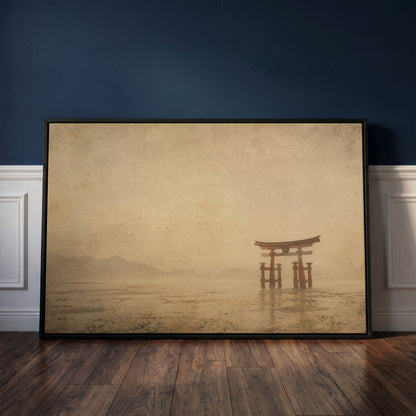 Wabi sabi canvas wall art showing a vermilion torii gate standing in shallow tidal water with misty hills far behind