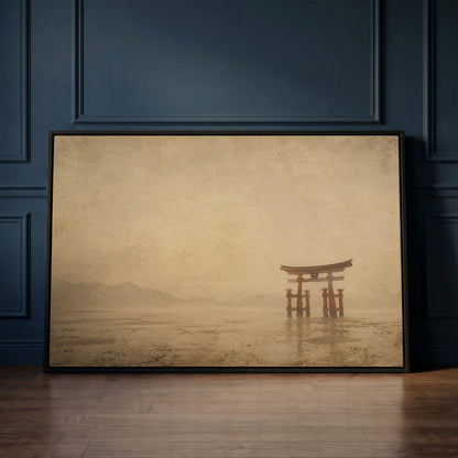 A vermilion torii gate standing in shallow tidal water with misty hills far behind, canvas print