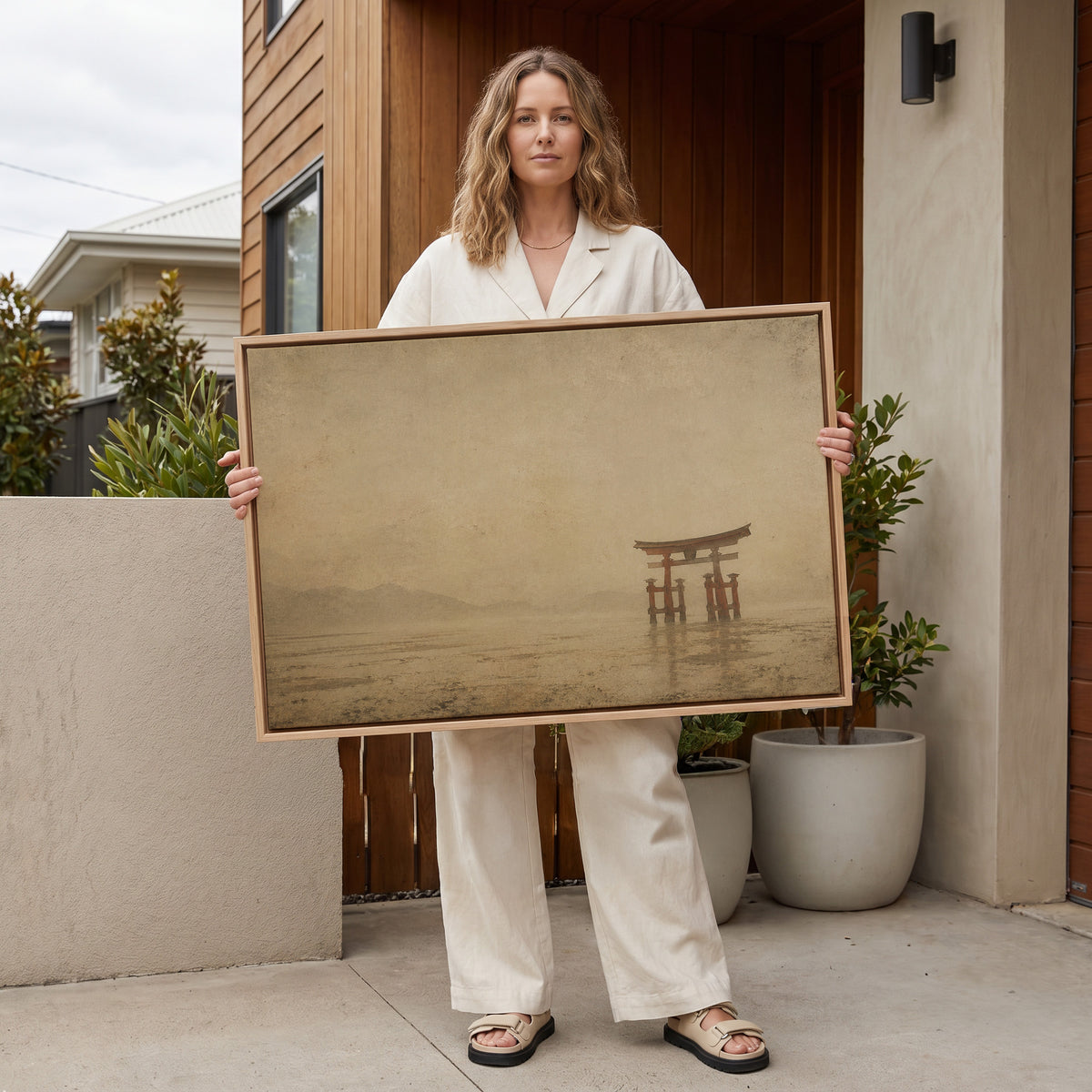 Zen canvas wall art showing a vermilion torii gate standing in shallow tidal water with misty hills far behind