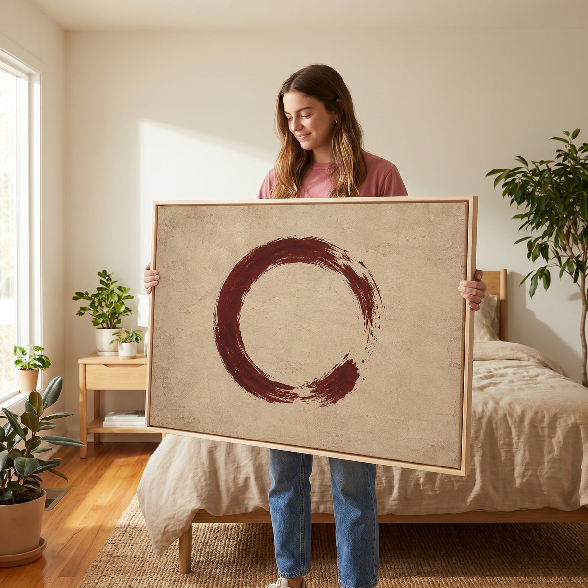 Ink painting canvas wall art showing a single oxblood enso circle with an open gap, brushed on a warm cream ground