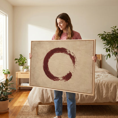 Ink painting canvas wall art showing a single oxblood enso circle with an open gap, brushed on a warm cream ground
