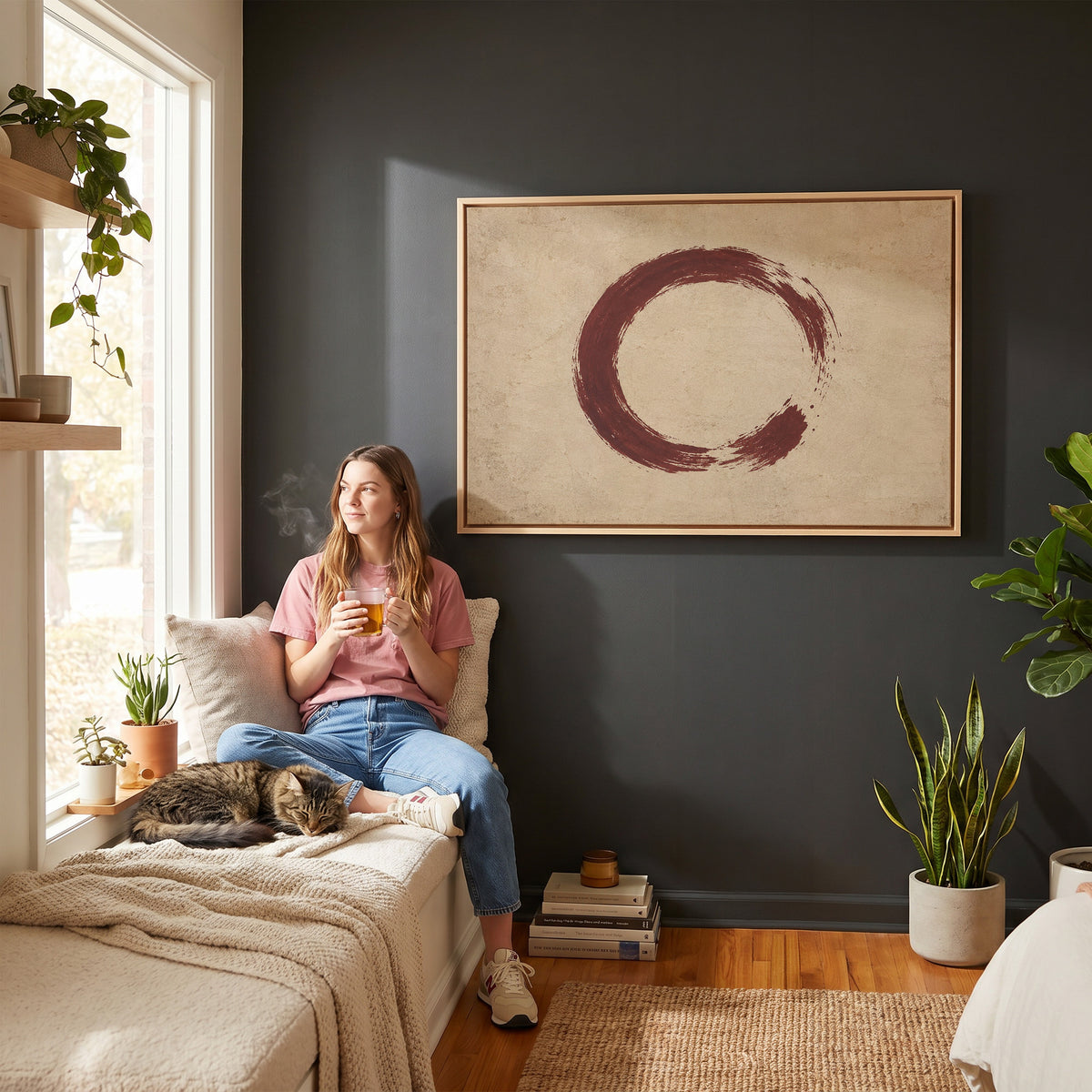 Circle canvas wall art showing a single oxblood enso circle with an open gap, brushed on a warm cream ground
