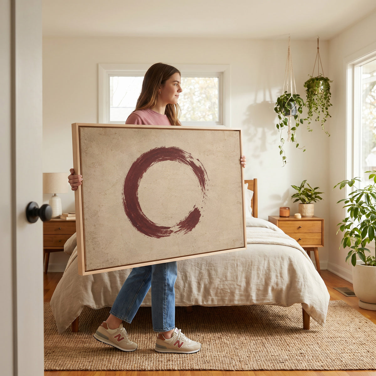 A single oxblood enso circle with an open gap, brushed on a warm cream ground, canvas art print