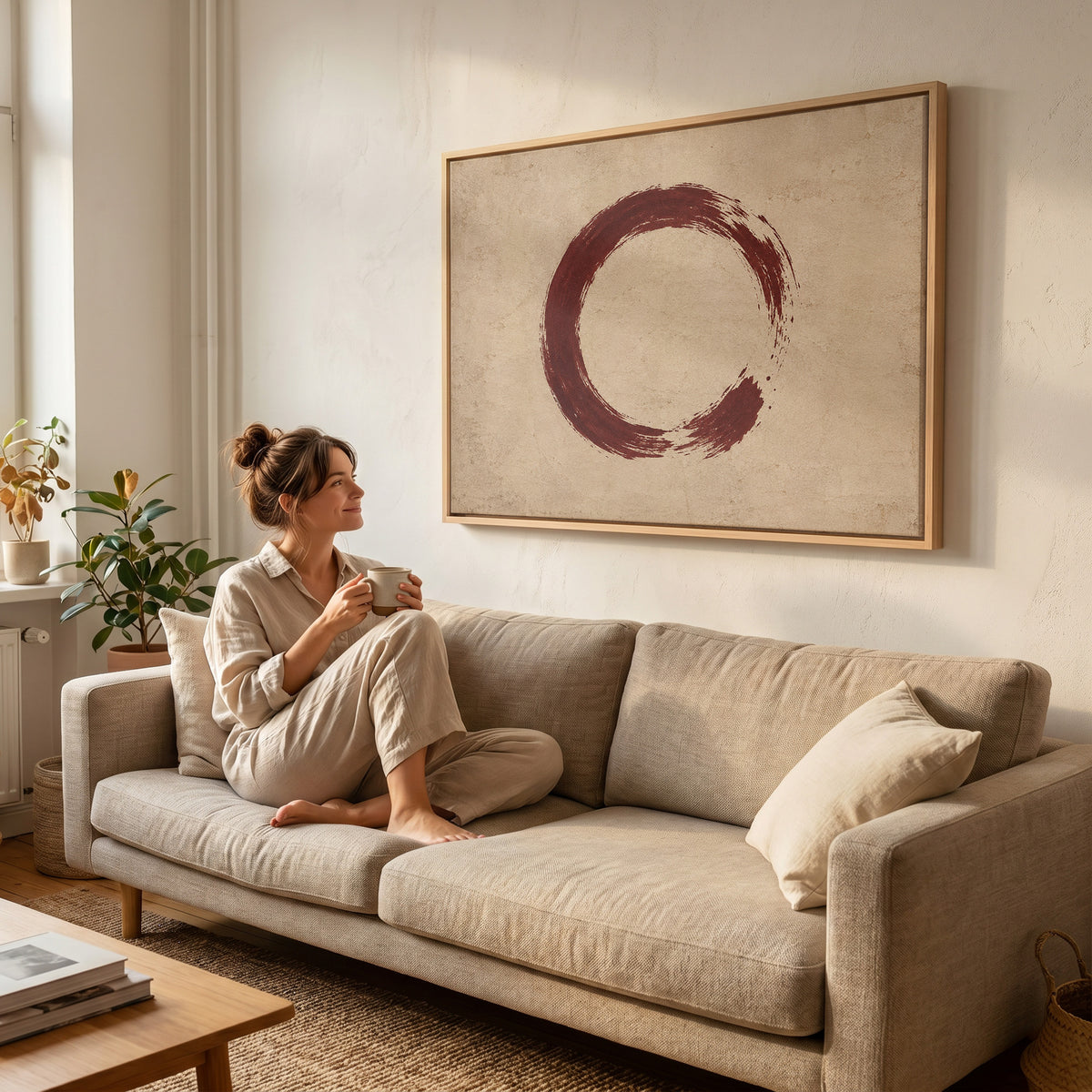 Japandi canvas wall art showing a single oxblood enso circle with an open gap, brushed on a warm cream ground